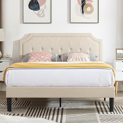 VECELO Queen Upholstered Platform Bed with Strong Wood Slats Beige 2 VECELO Queen Upholstered Platform Bed with Strong Wood Slats Beige - Image 2