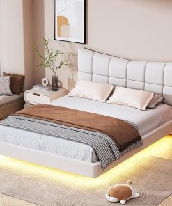 Linique Floating Bed with LED Lights USB Ports and Beige Upholstery 2
