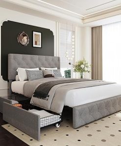 Queen Size Upholstered Bed Frame with Storage and Easy Assembly Grey