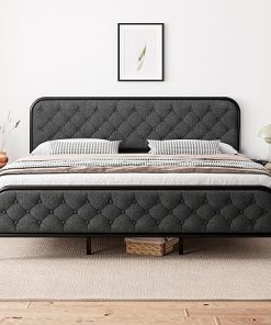 King Size Upholstered Bed Frame with Diamond Headboard in Dark Grey