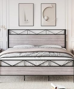 Queen Bed Frame with Rustic Wood Headboard Heavy Duty Metal Support