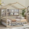 Queen Size Platform Bed Frame with Upholstered Headboard, Wood Rattan Bed Frame with Two Drawers and Pull Out Trundle for Bedroom Guest Room, Easy Assembly (White) 4