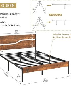 VECELO Queen Platform Bed Frame with Rustic Wood Headboard and Metal Slats 2