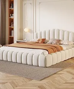 Queen Velvet Platform Bed Frame with Headboard Easy Assembly Beige