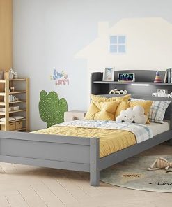 Twin Bed Frame for Kids with Storage and LED Lights, Grey