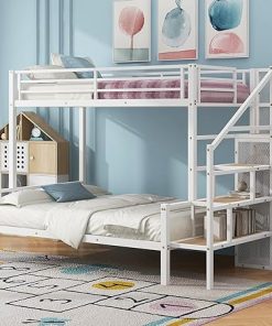 Merax Twin Over Full Metal Bunk Bed Frame with Storage and Wardrobe