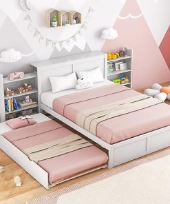 Giantex Full Size Bed Frame with Twin Trundle and Bookcases in White