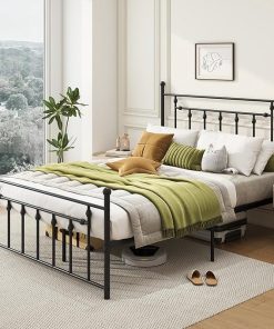 Queen Size Metal Bed Frame with Headboard Footboard and Storage Black