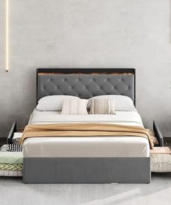 Queen Size Velvet Bed Frame with Storage Drawers and USB Charging
