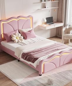 Pink Merax Twin Upholstered LED Bed Frame with Adjustable Headboard