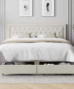 King Bed Frame with Storage Drawers and Adjustable Headboard Beige