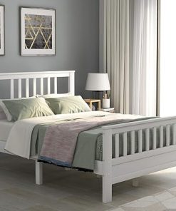 LZ Leisure Zone Full Bed Frame Wood Platform with Headboard White 2