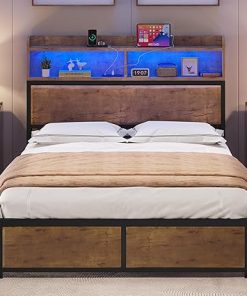 Full Size Bed Frame with LED Headboard USB Ports and Storage Shelves