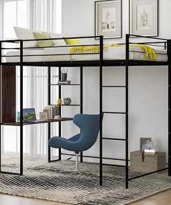 Full Metal Loft Bed Frame with Desk and Shelves for Kids and Teens