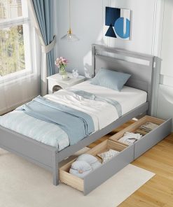 Giantex Twin Bed Frame with Storage Drawers and Headboard in Grey 2
