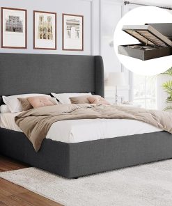 Queen Size Upholstered Lift Up Storage Bed Frame with Wingback Headboard 2