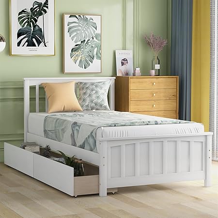 Twin Bed Frame with Drawers Wooden Platform Support No Box Spring White Twin Bed Frame with Drawers Wooden Platform Support No Box Spring White