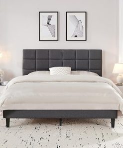 Full Size Platform Bed Frame with Upholstered Headboard Grey