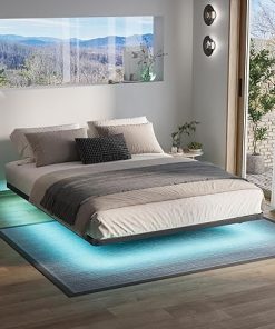 Floating Queen Bed Frame with LED Lights and Charging Station