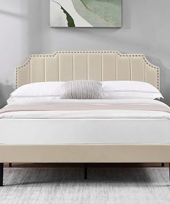 Velcro Full Size Upholstered Bed Frame with Tufted Adjustable Headboard