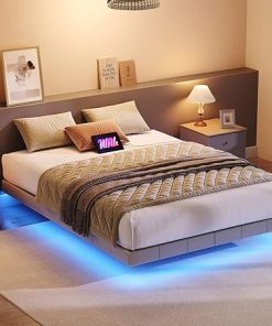 HOOBRO Full Size Floating Bed Frame with LED Lights and Charger