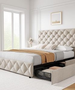 Queen Size Bed Frame with 4 Storage Drawers Off White Upholstered