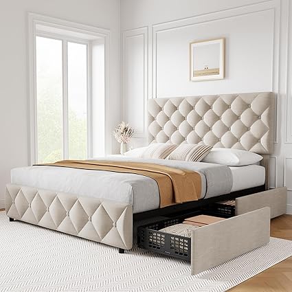 Queen Size Bed Frame with 4 Storage Drawers Off White Upholstered Queen Size Bed Frame with 4 Storage Drawers Off White Upholstered
