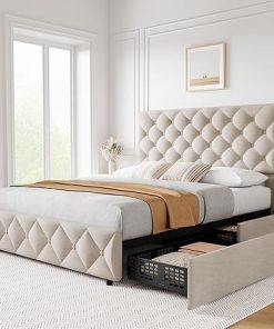 Queen Size Bed Frame with 4 Storage Drawers and Adjustable Headboard
