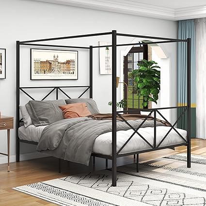 Queen Size Metal Canopy Bed Frame with Headboard and Footboard Black Queen Size Metal Canopy Bed Frame with Headboard and Footboard Black