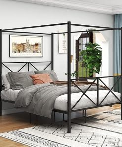 Metal Canopy Platform Bed with X Headboard and Storage Underneath