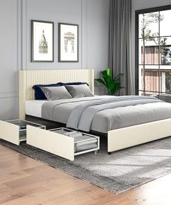 Queen Size Upholstered Bed Frame with 4 Drawers Storage in Ivory Velvet