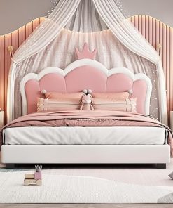 Pink White Upholstered Full Size Bed Frame with Headboard and Slats