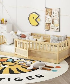 Twin Floor Bed with Fence Natural Wood Frame and Door