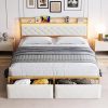 Queen Size Bed Frame with LED Lights and Charging Station Storage
