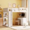 Full Size Loft Bed with Stairs Desk and Storage Shelves Wood Frame 4