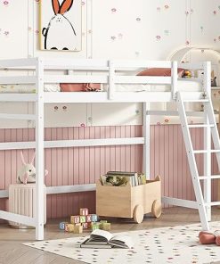 Solid Wood Loft Bed with Ladder and Guardrail for Twin Size Bedroom 2