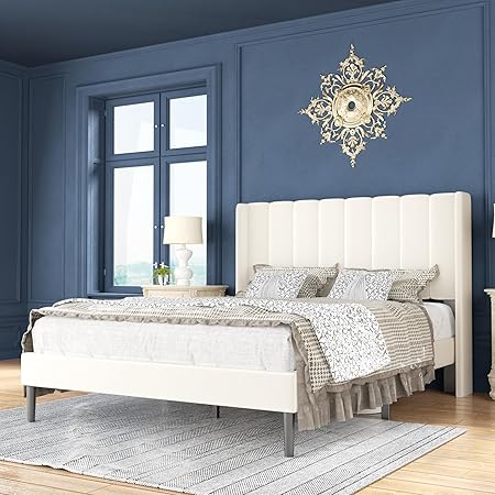 Queen Size Velvet Platform Bed Frame with Wingback Headboard Beige Queen Size Velvet Platform Bed Frame with Wingback Headboard Beige