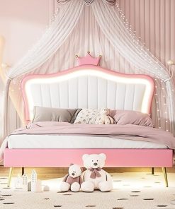 CITYLIGHT Queen Size Upholstered Princess Bed with Crown Headboard, Wood Cute Kids Bed Frame Queen with LED Lights and Metal Legs for Girls, No Box Spring Required (Queen,Pink)