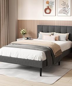 Queen Bed Frame with Button Tufted Headboard and Wooden Slat Support 2