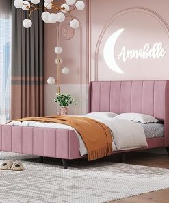 Linique Pink Upholstered Platform Bed Frame with Headboard and Wood 2
