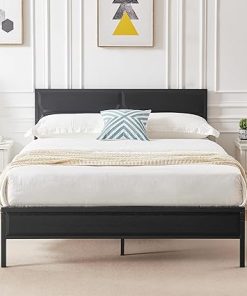 VECELO Full Size Bed Frame with Wood Headboard and Steel Slats