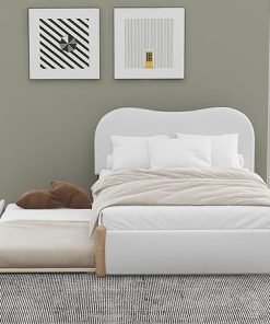 Full Size Upholstered Bed Frame with Trundle for Kids, White