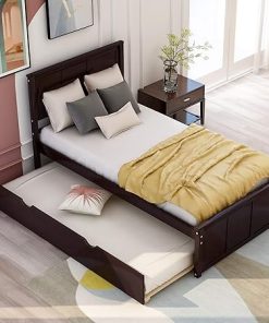 Twin Bed Frame with Trundle and Headboard for Kids and Guests