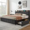 Rustic King Size Bed Frame with Storage Drawers and Charging Station