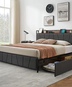GAOMON King Size Bed Frame with Storage and Charging Station
