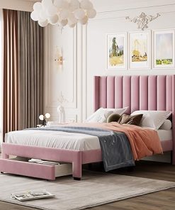 Merax Modern Upholstered Platform Bed with Wingback Storage Full Pink