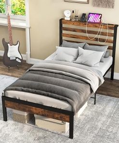 Giantex Twin Metal Bed Frame with Charging Station and Storage Headboard