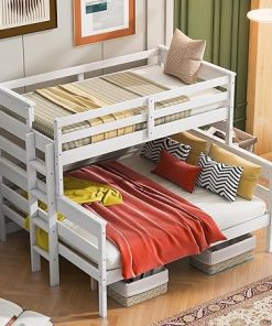 Twin Over Queen Bunk Bed Frame for Adults and Kids in White Wood