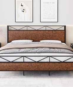 Sturdy King Bed Frame with Rustic Leather Headboard and Steel Support