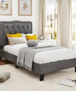 Giantex Twin Bed Frame Modern Linen Upholstered Platform Grey